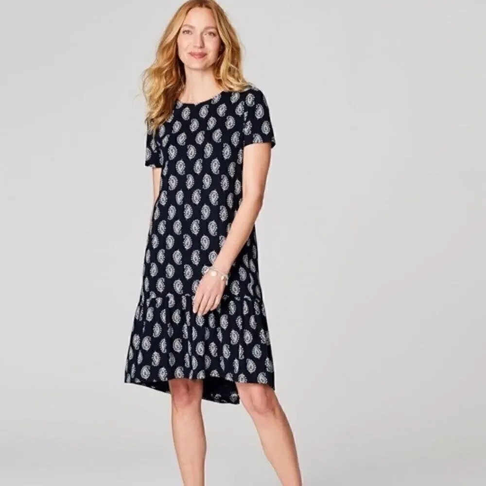 J. Jill Navy Paisley Printed Flounce Ruffle Hem High Low Dress Pockets- Sz.Large